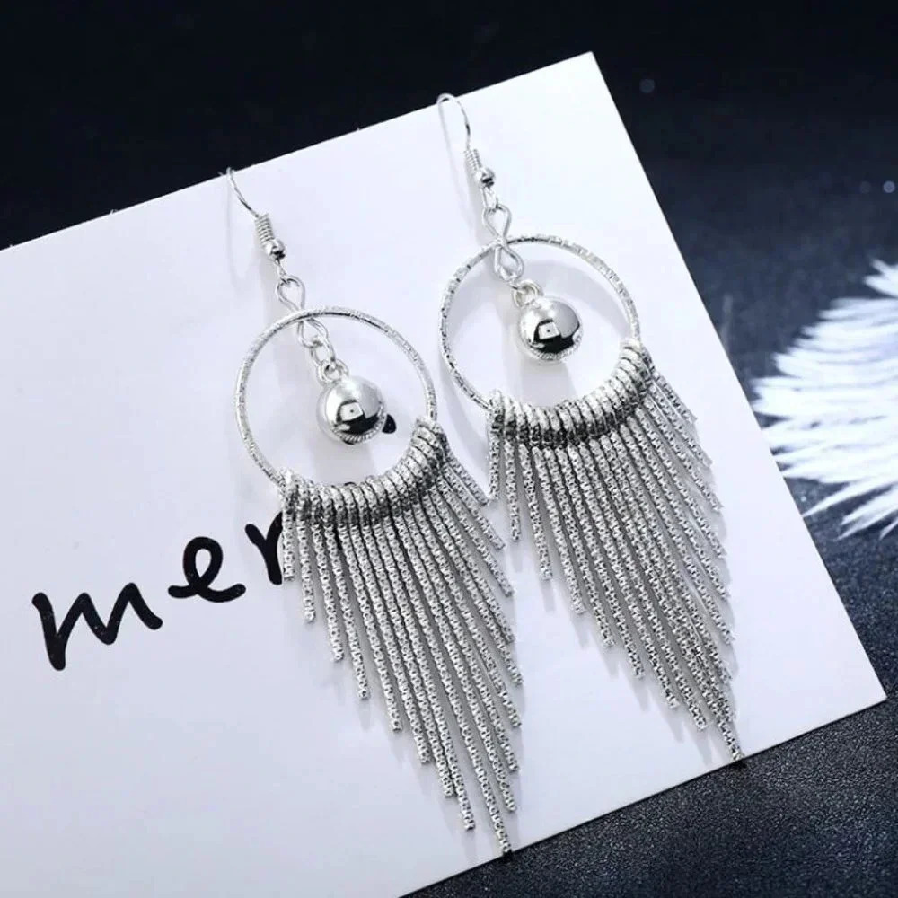 Tassel Drop Statement Textured Hoop Earring Silver